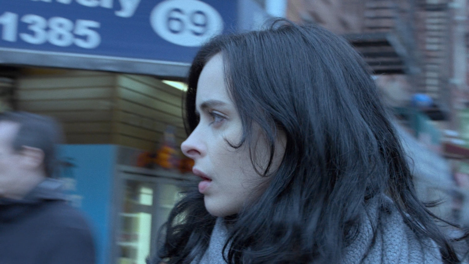 Jessica looking warily at an intersection.