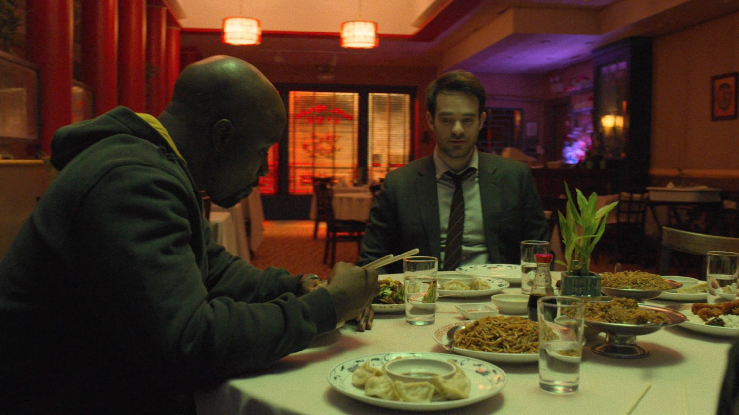 Luke and Matt at a table in the Royal Dragon Chinese Restaurant.