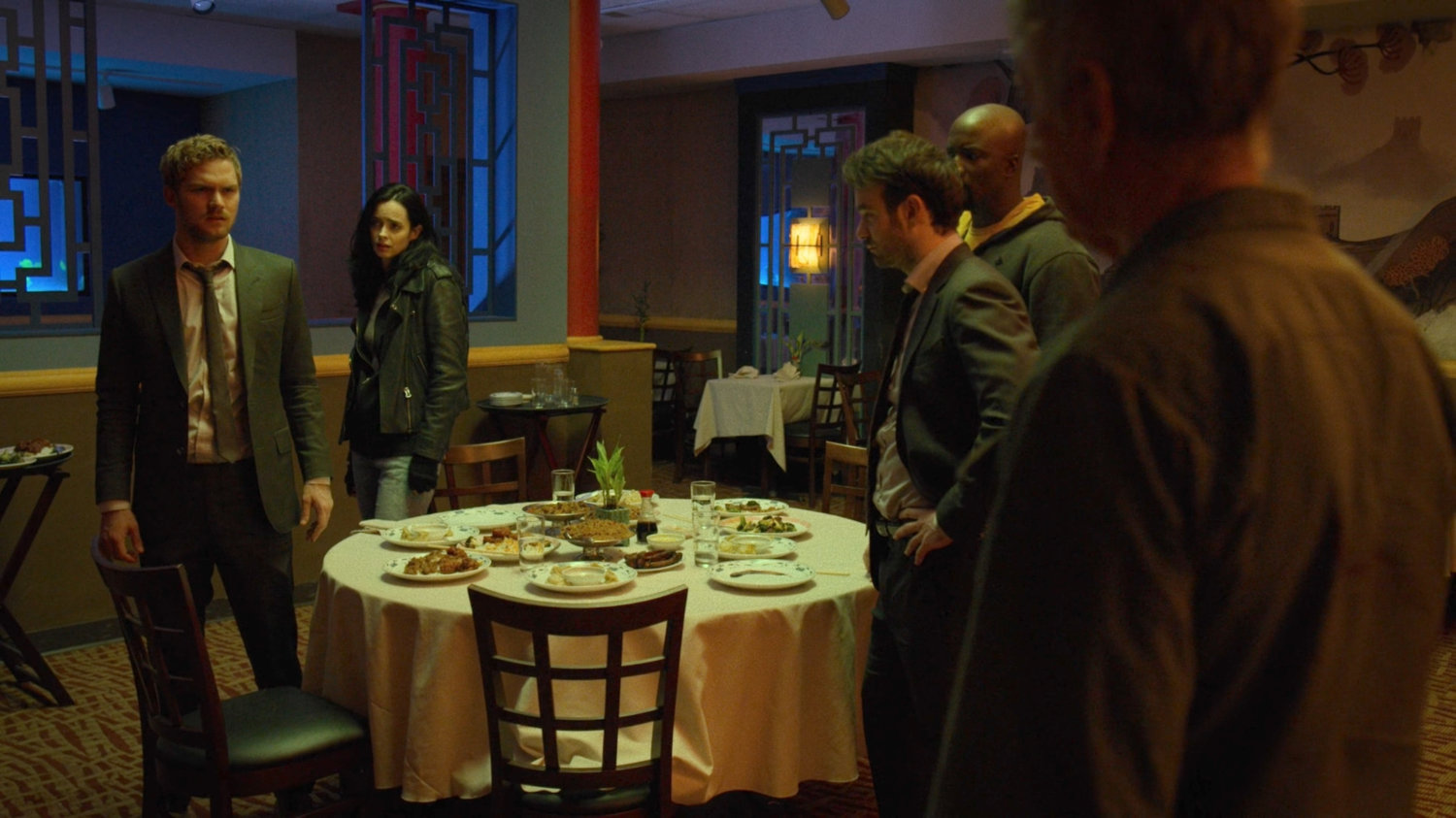 The Defenders and Stick in the Royal Dragon Chinese Restaurant.