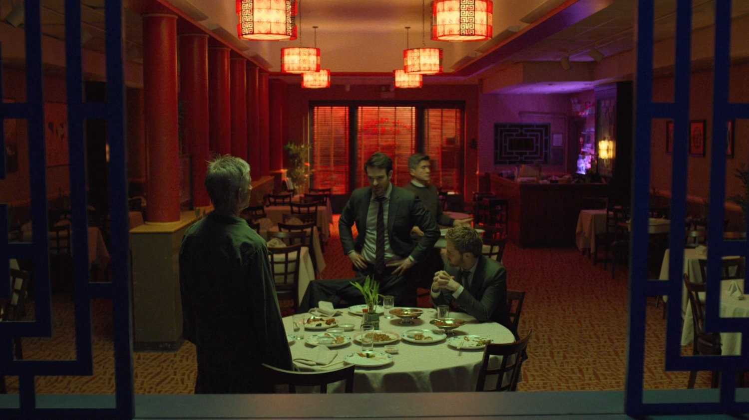 Stick argues with Matt and Danny in the Royal Dragon Chinese Restaurant.