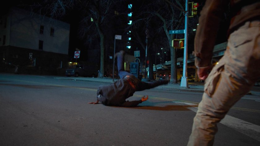 Luke Cage is tossed into the street in front of Royal Dragon Chinese Restaurant.