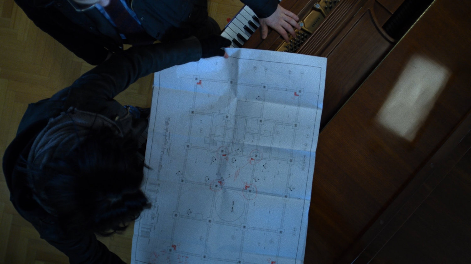 Overhead shot of Midland Circle blueprints.