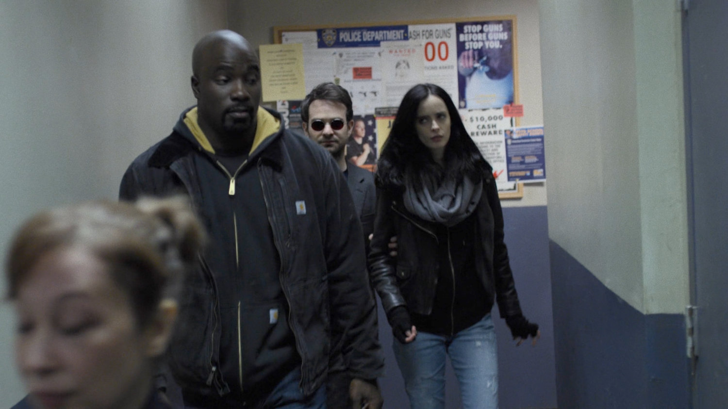 Luke, Matt, and Jessica in a hallway at the 29th Precinct.