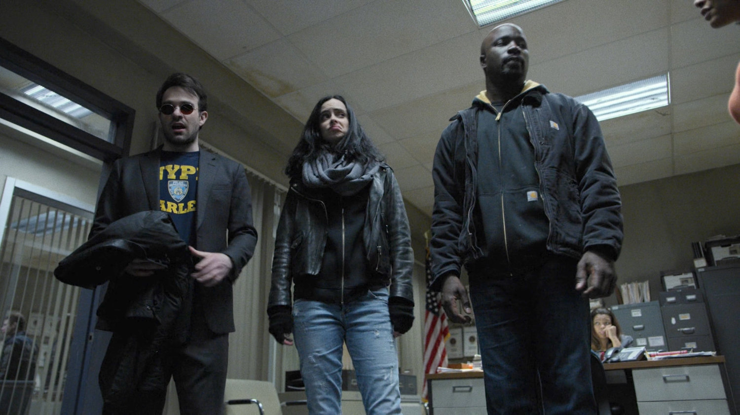 Matt, Jessica, and Luke in an office at the 29th Precinct.