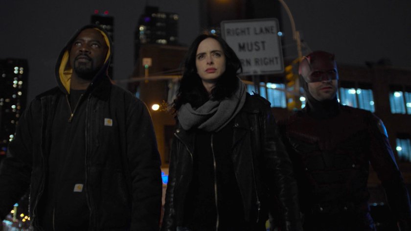 Luke, Jessica, and Daredevil outside Midland Circle.