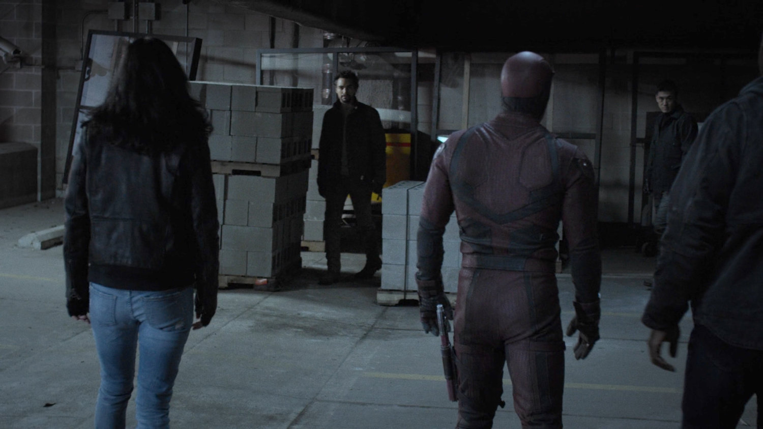 Luke, Jessica, and Daredevil in the Midland Circle parking garage confronting Gao, Murakami, and Bakuto.