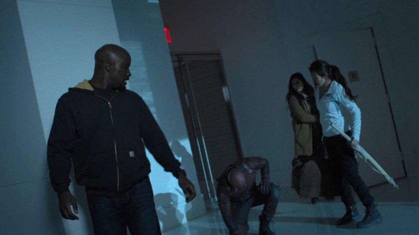 Luke, Daredevil, Claire and Colleen in the Midland Circle lobby.