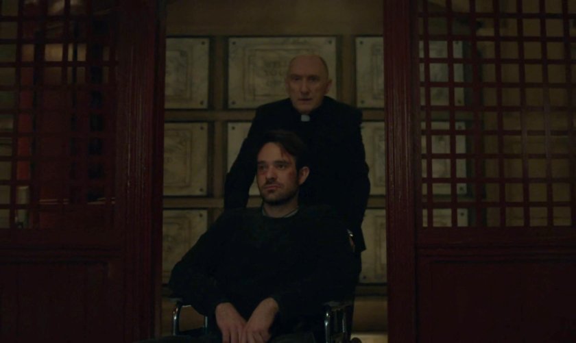 Father Lantom wheels Matt into a space under the church.