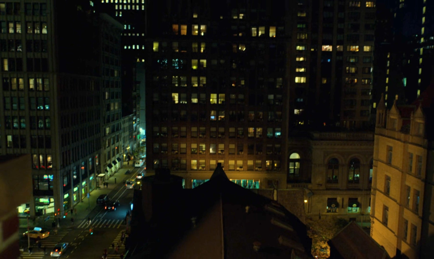 High angle view of church rooftop at night.