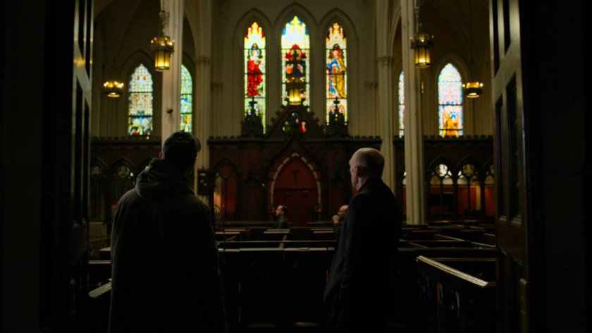 Matt and Father Lantom inside Clinton Church.