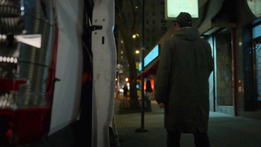 Matt walks by dry cleaning van parked by Chris French dry cleaners.