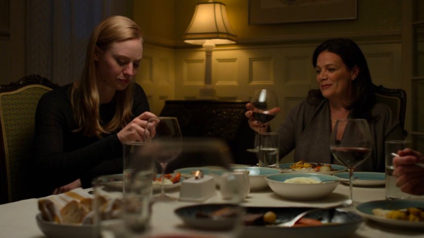 Karen and Lily Ellison having dinner at the Ellison house.