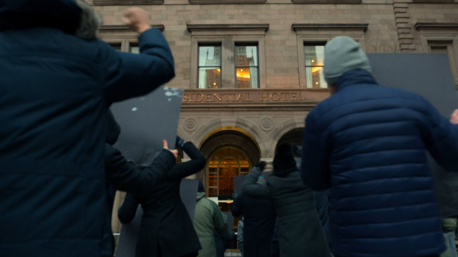 Protesters outside the Presidential Hotel.