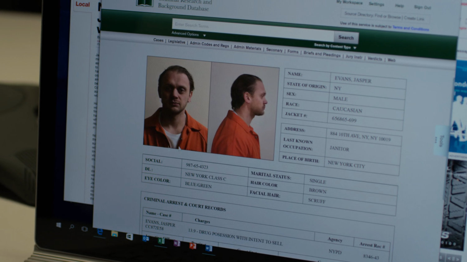 Close-up of Jasper Evans rap sheet.