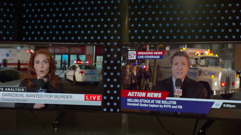 Screens of news reporters reporting from in front of the New York Bulletin building.