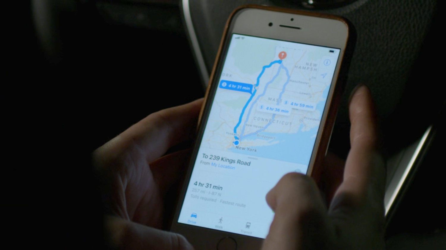 Closeup of map application on Karen's phone, showing route from NYC to Fagan Corners, VT.