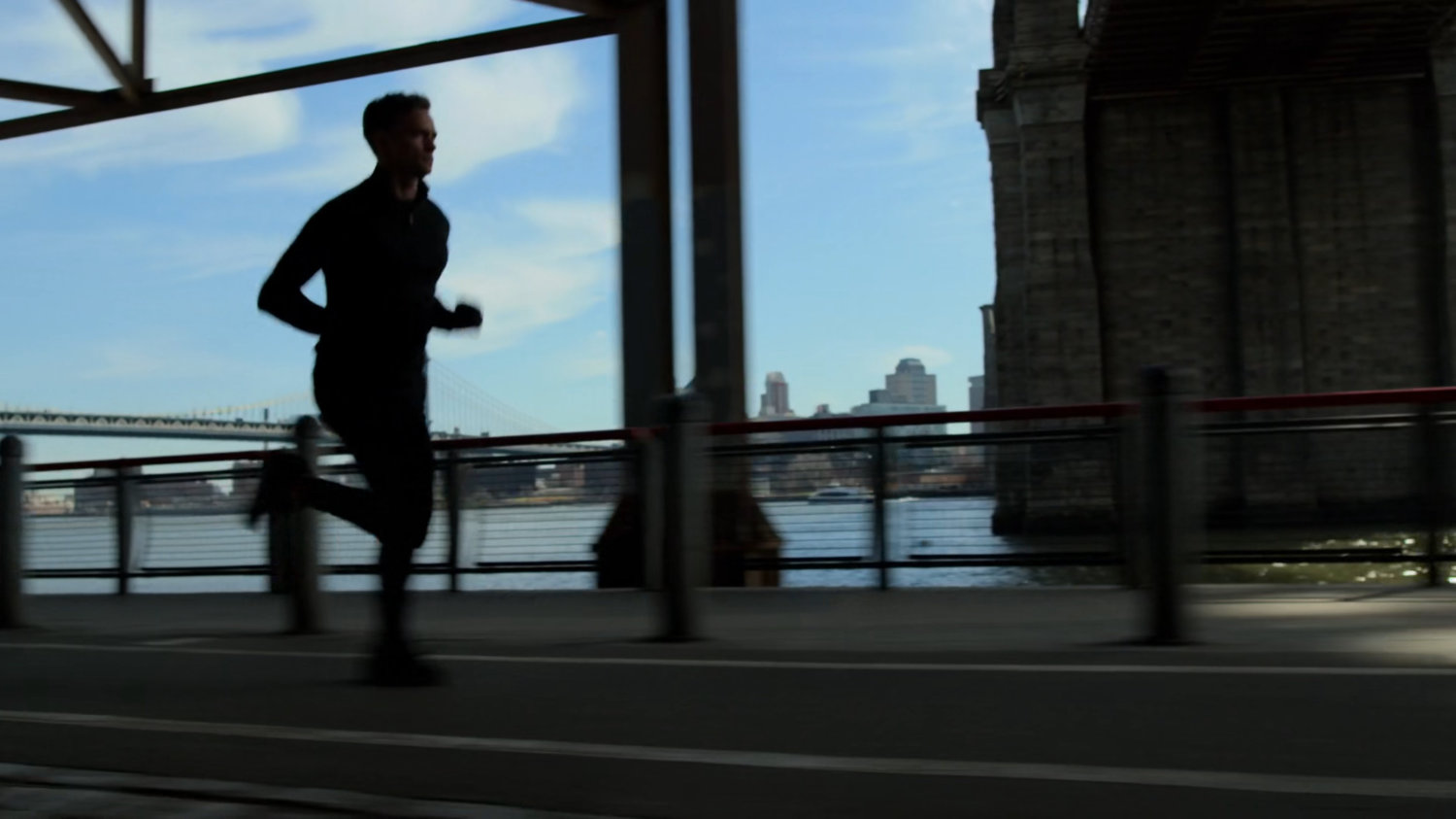 Dex on the jogging path under FDR drive, with the Brooklyn Bridge in the background.