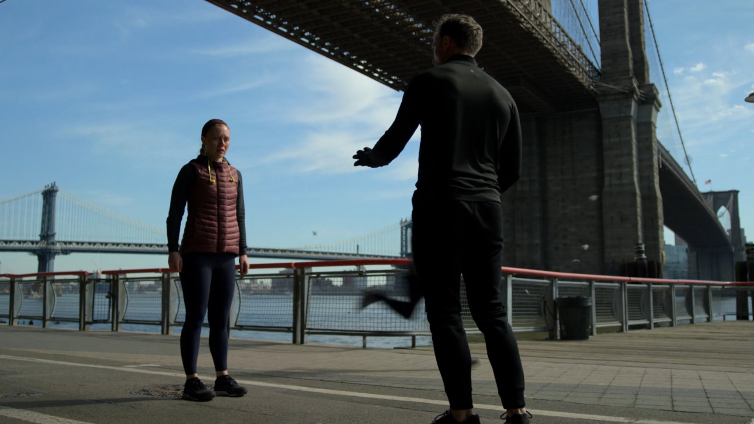 Dex talking to Julie on the jogging path under FDR drive.