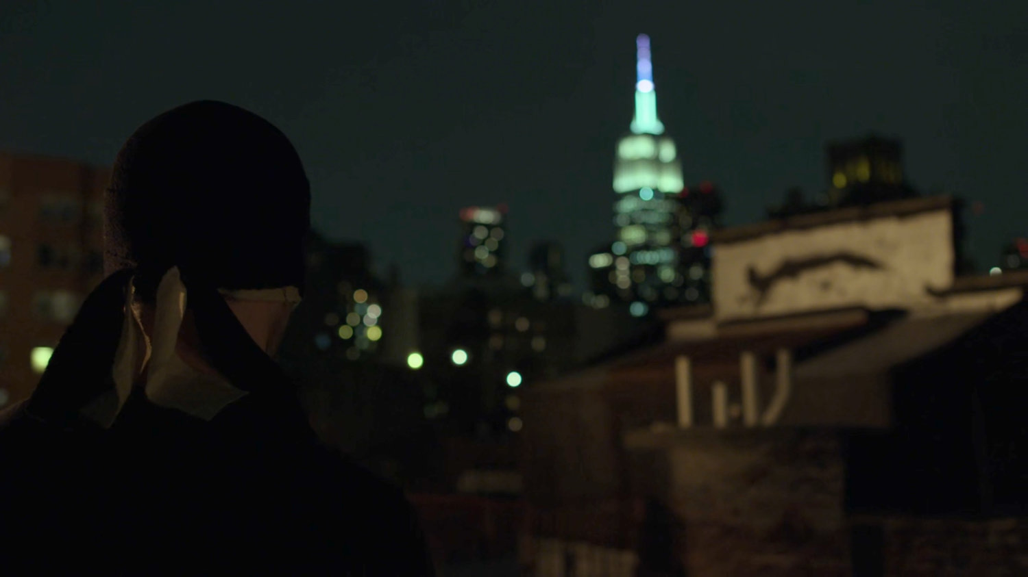 Matt on the rooftop of Dex's apartment.