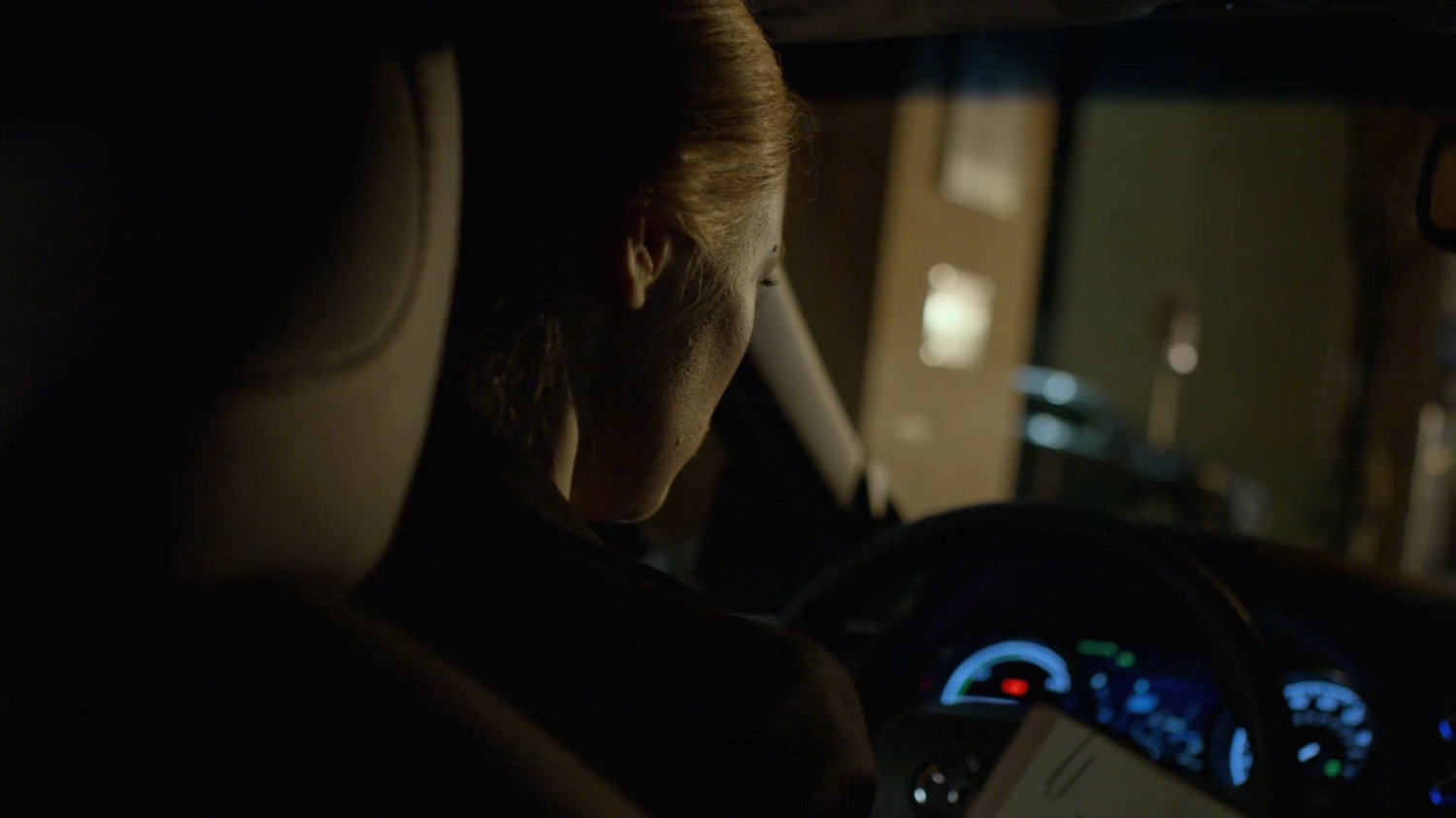 Karen in her car outside the New York Bulletin.