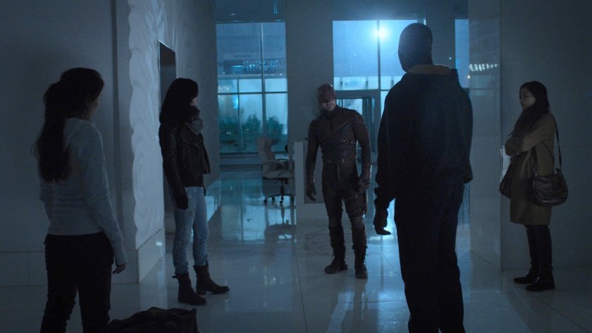 Colleen, Daredevil, Luke, Claire and Jessica in the Midland Circle lobby.