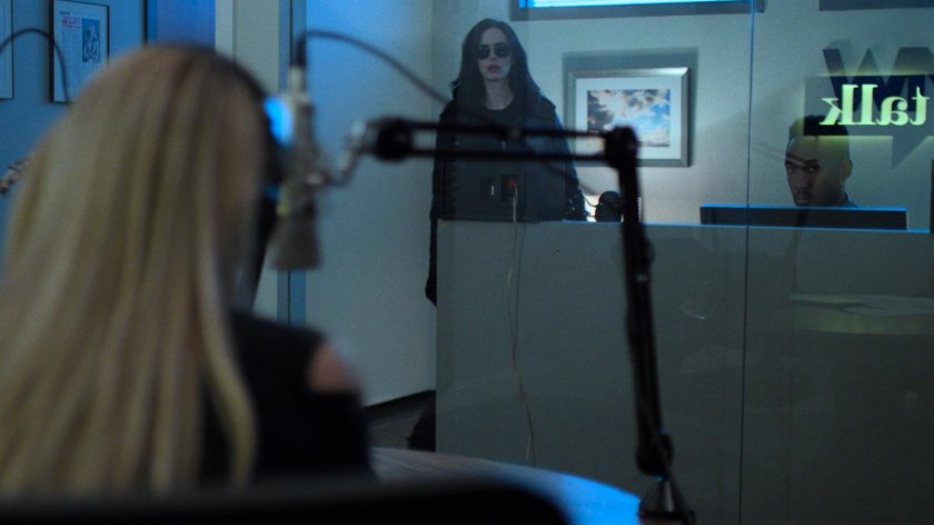 Jessica watching Trish in the WNEX Trish Talk Studio.