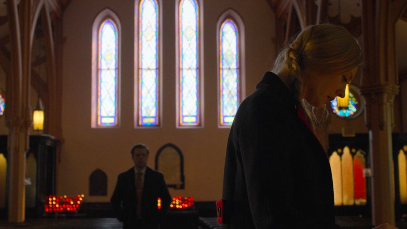 Foggy and Karen inside of Matt's church.