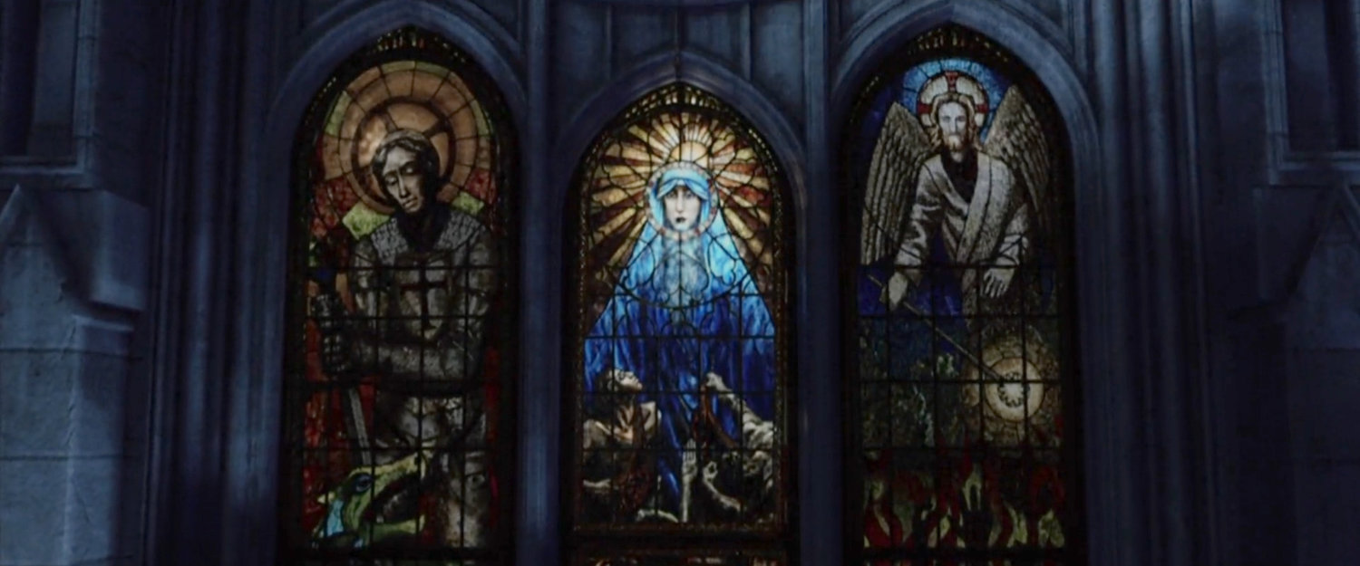 Stained glass windows outside the Church of the Holy Innocents.