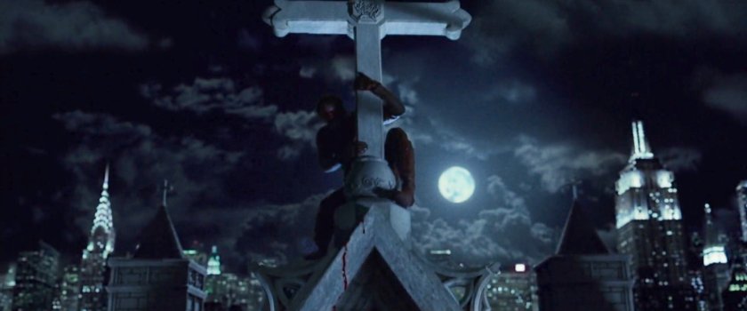 Daredevil on a cross at the top of the Church of the Holy Innocents.