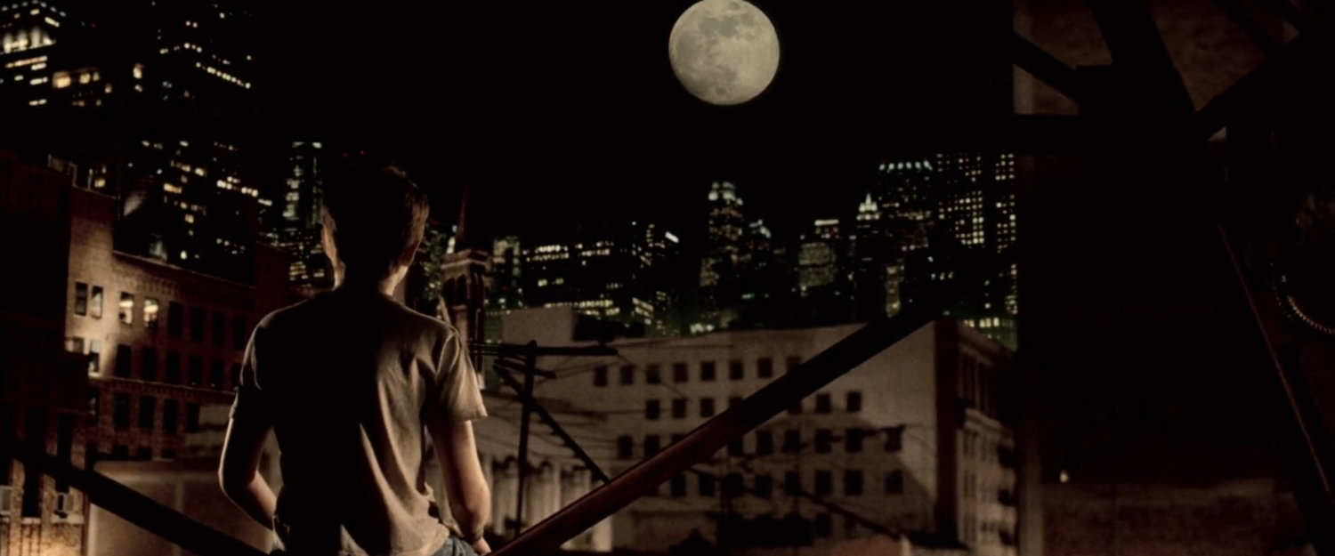 Young Matt on his rooftop looking at the New York skyline under a full moon.