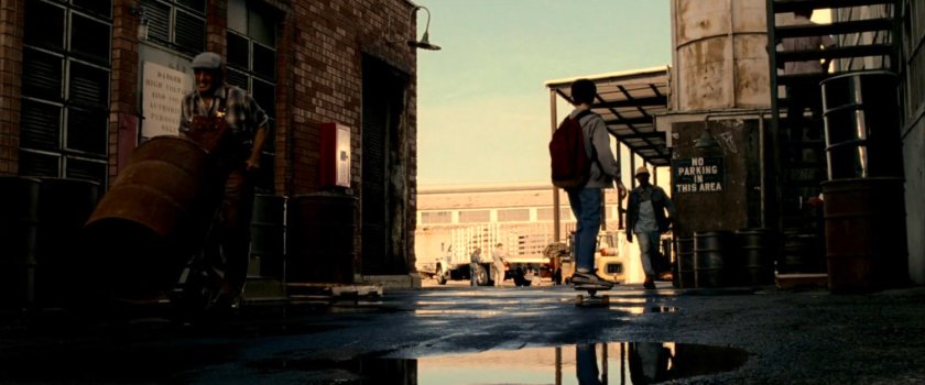Young Matt skates through the lot at Hudson Marine company.