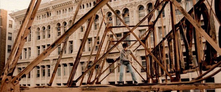 Young Matt practices acrobatics on rooftop of Murdock apartment building.