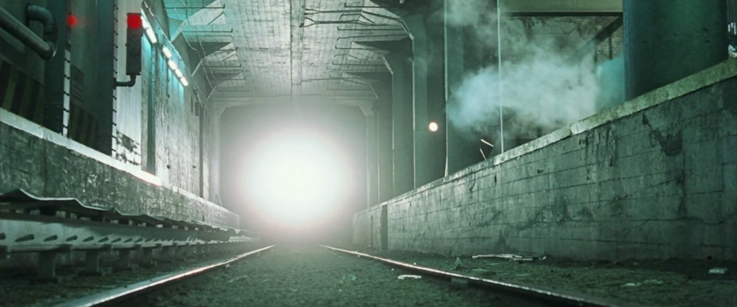 A train heading towards camera in the 50th Street subway.