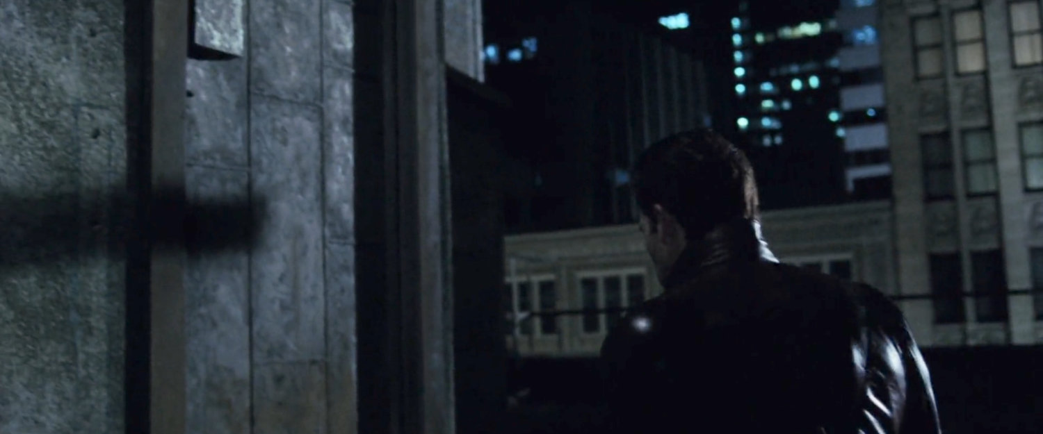 Matt Murdock entering rooftop entrance to his apartment.