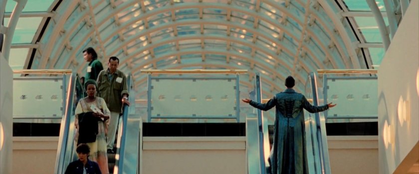 Bullseye riding an escalator at an airport.