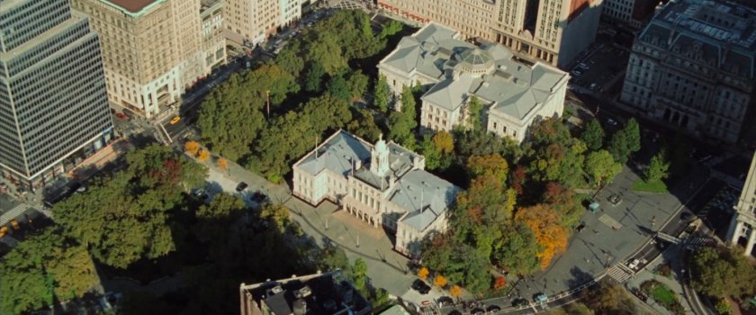 Aerial view of New York City courthouse and City Hall.