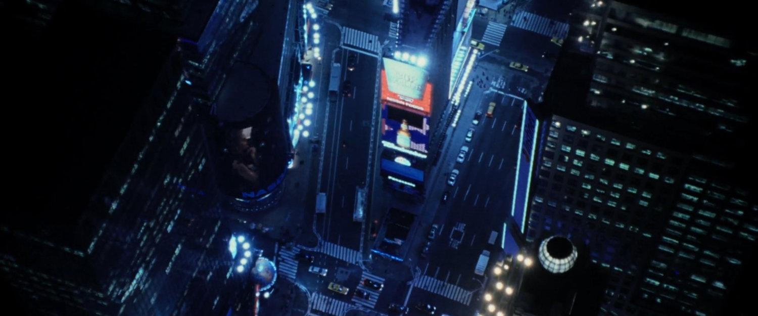 Aerial view of Times Square at night.