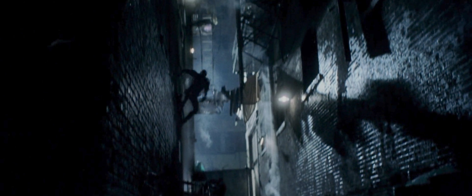 Daredevil bouncing off walls in a dark alley.