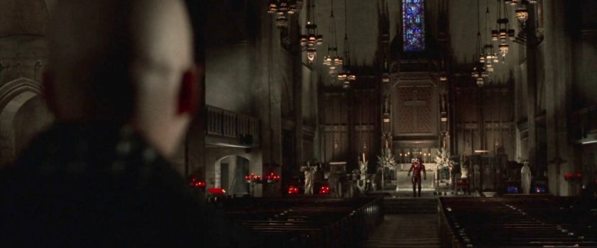 Bullseye and Daredevil at opposite ends of the Church of the Holy Innocents.