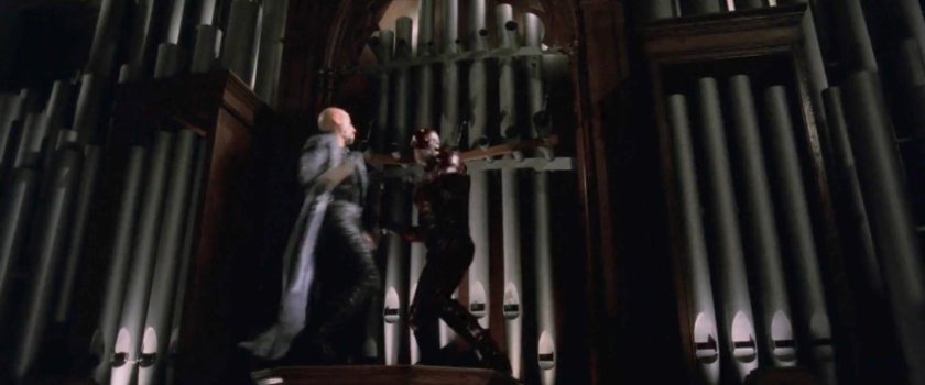 Bullseye and Daredevil battle on the organ pipes in the Church of the Holy Innocents.