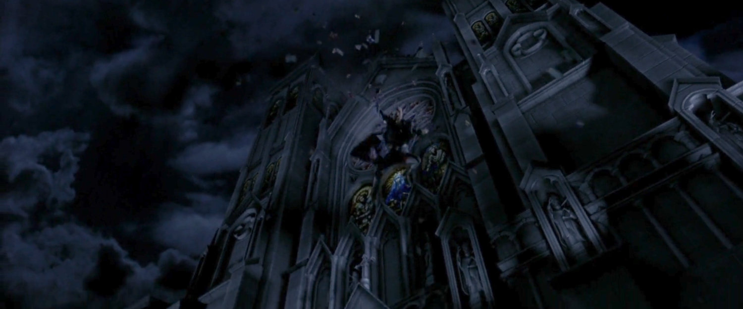 Daredevil standing in the broken window of the Church of the Holy Innocents.