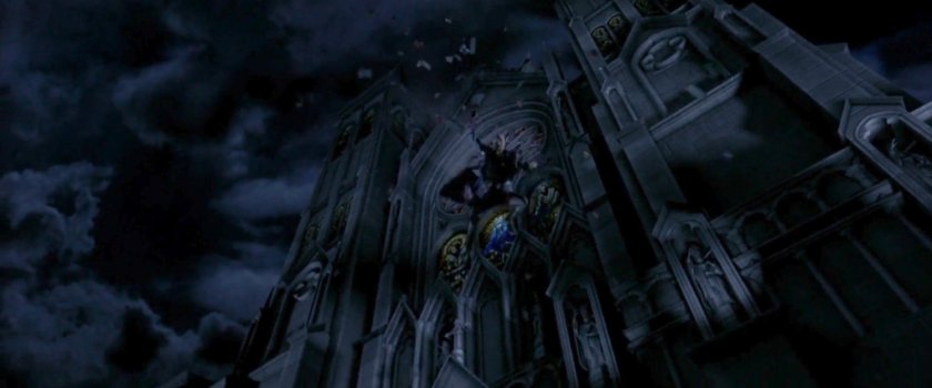 Daredevil standing in the broken window of the Church of the Holy Innocents.