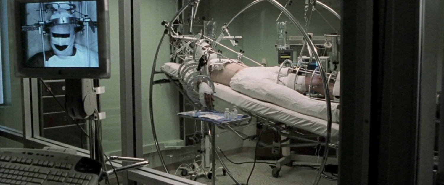 Bullseye in traction in hospital room.