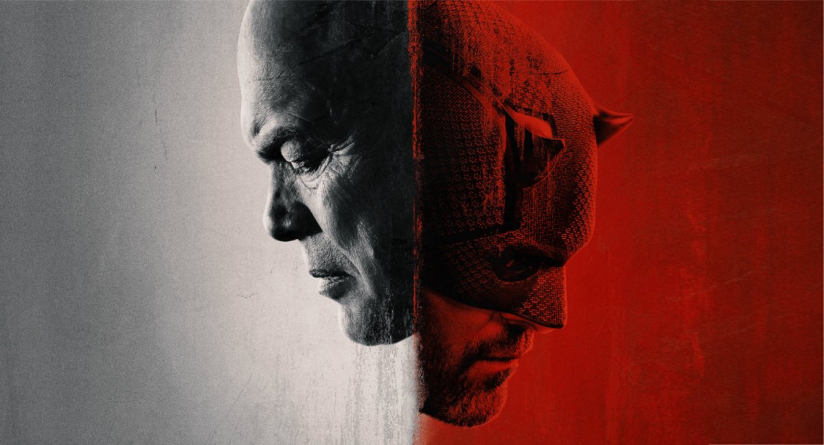 Promotional poster from Daredevil: Born Again with Wilson Fisk & Matt Murdock as two halves of the same person.