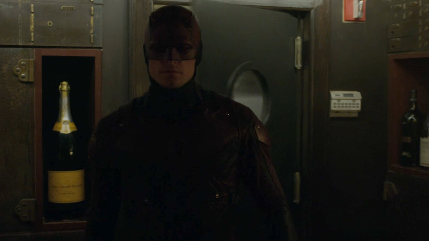 Dex dressed as Daredevil in the Red Fish Blue Restaurant.