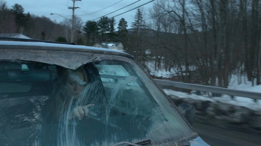 Karen driving on a snowy Vermont road.