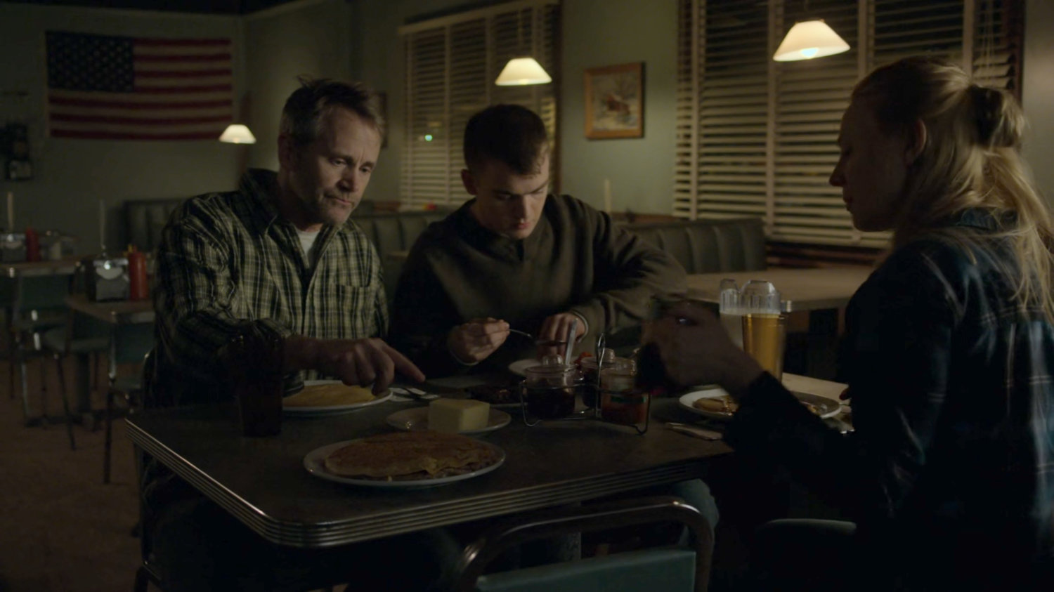 Paxton, Kevin, and Karen have dinner in Penny's Place.