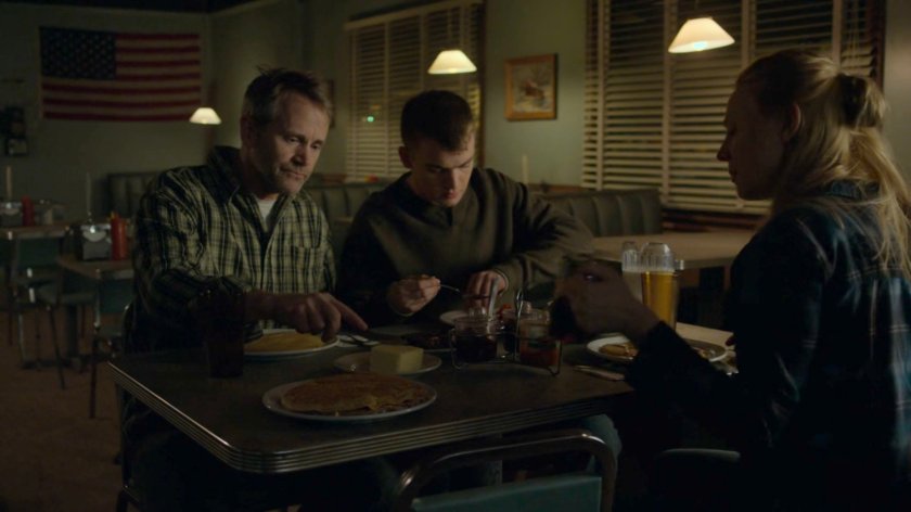 Paxton, Kevin, and Karen have dinner in Penny's Place.