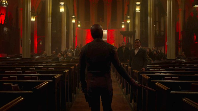 Dex, as Daredevil, enters Clinton Church.