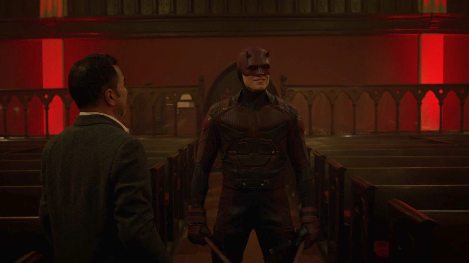 Dex, as Daredevil, enters Clinton Church.
